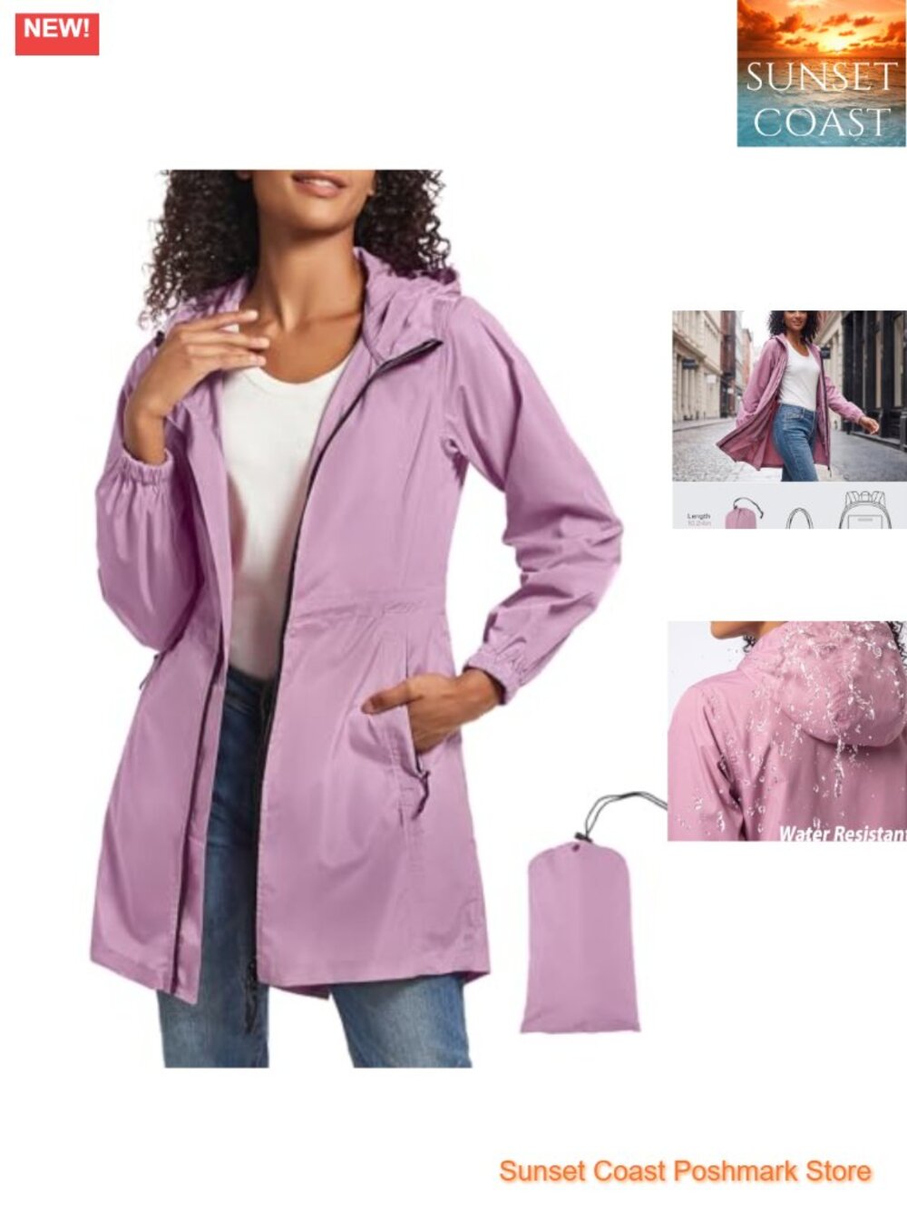 SaphiRose Women's Packable Long Rain Jacket Hood Waterproof Lightweight